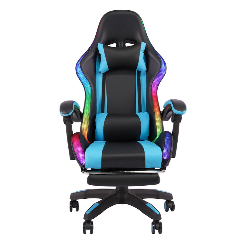 Kursi Gaming Led Sandaran Tangan Dapat Disesuaikan Gamer RGB Recling Putar Profesional Biru dengan Pijakan Kaki (Y-2442)