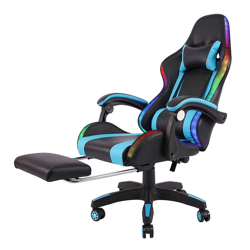 Kursi Gaming Led Sandaran Tangan Dapat Disesuaikan Gamer RGB Recling Putar Profesional Biru dengan Pijakan Kaki (Y-2442)