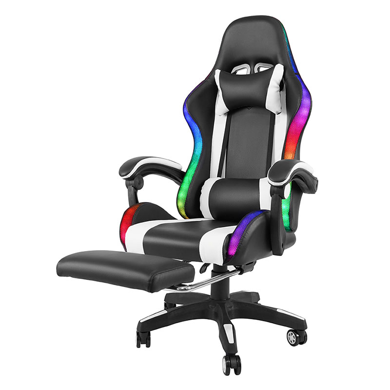 Kursi Gaming Led Sandaran Tangan Dapat Disesuaikan Gamer RGB Recling Putar Profesional Putih dengan Pijakan Kaki (Y-2442)