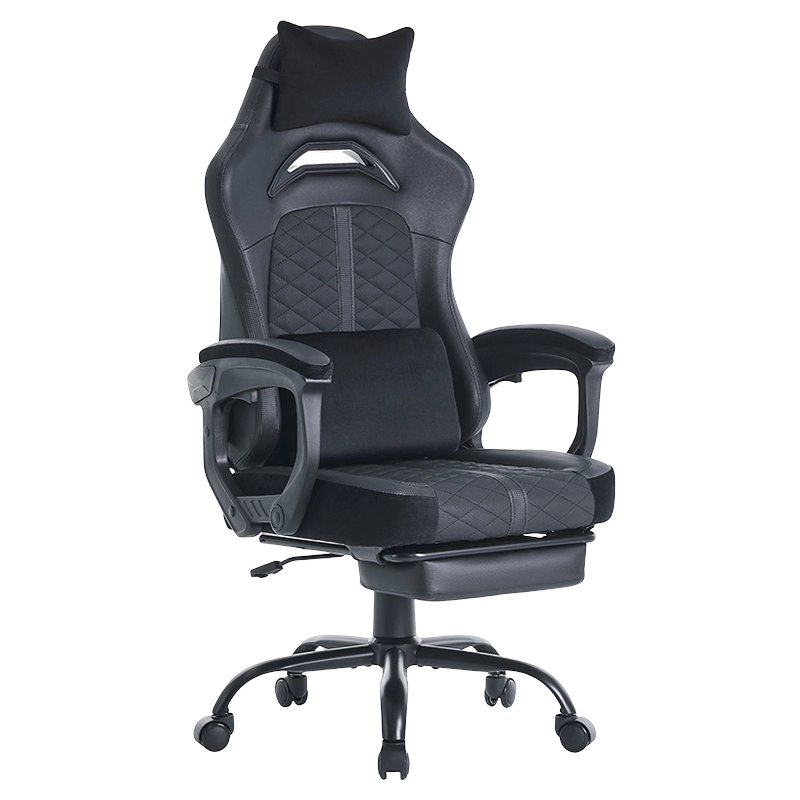 Kursi Gaming Ergonomis Kulit Hitam Dapat Disesuaikan Kursi Gaming Penopang Lumbar Berbaring dengan Pijakan Kaki (T-7138)